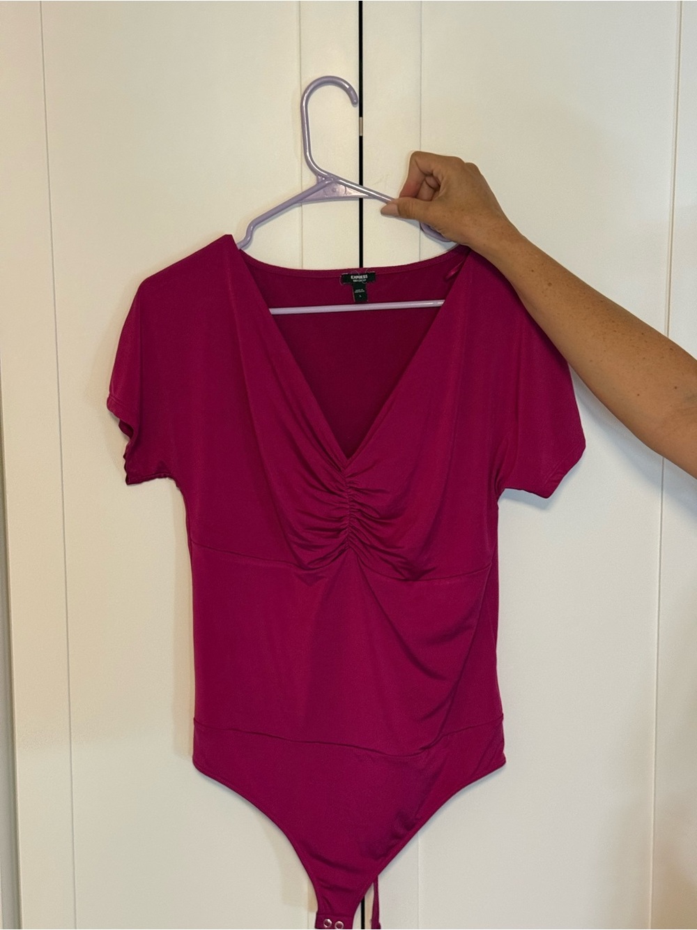 Express Fuchsia Ruched V-Neck Bodysuit